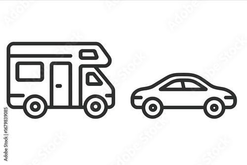 Motorhome and car line icon set. RV, camper, van, and automobile symbols. Transport, travel, road trip, vacation concepts. Simple outline vector illustration for web, app.