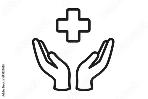 Medical cross in open hands. Health care icon. Medicine and pharmacy symbol. Concept of help, charity, support and safety. Health insurance logo. Vector illustration.
