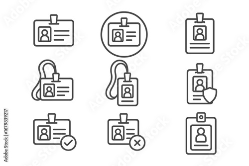 Employee ID badge and staff identification card line icon set. Concepts of security access, personal identity, verification, and worker pass. Vector icons with editable stroke.
