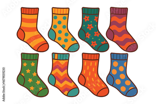 Colorful cartoon socks set. Vector collection of cute and funny patterned socks for kids. Footwear with stripes, polka dots, stars and flowers. Flat design apparel illustration.