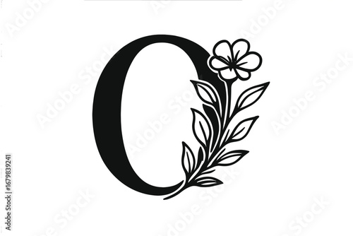 Elegant floral letter O monogram. Capital serif alphabet initial with botanical flower and leaves. Classic luxury beauty logo design concept for wedding invitation or branding.