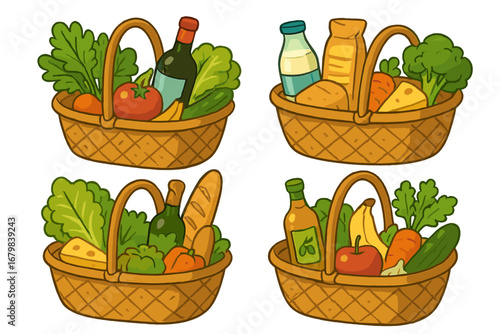 Shopping basket set with groceries from the farmers market. Fresh food, vegetables, fruit, wine, bread, and milk. Healthy eating concept. Vector cartoon illustration isolated.