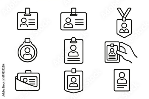 Employee ID badge and staff identification card icon set. Vector line art for corporate security, access pass, and personal identity. Verification and authorization symbols collection.