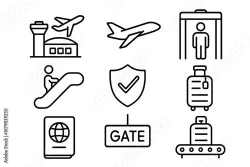 Airport travel and flight vacation linear icon set. Air travel, terminal, security check, passport control, gate, luggage, and baggage claim line icons collection. Vector.