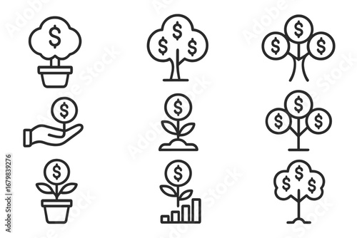 Money tree and financial growth icon set. Investment, savings, and wealth concepts. Business success, profit, and income symbols. Vector graphic of plant with dollar coin.