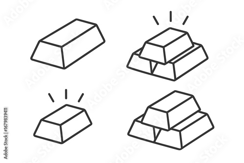 Gold bars icon set. Simple line art pictogram collection. Bullion and ingot symbols for banking, finance, investment, and wealth. Vector concept for treasure and economy.
