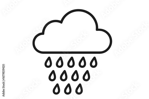 Minimalist rain cloud outline vector illustration. Weather icon with bold lines and water drops. Monochrome symbol for forecast, climate, web design, apps, advertising, print, seasonal graphics
