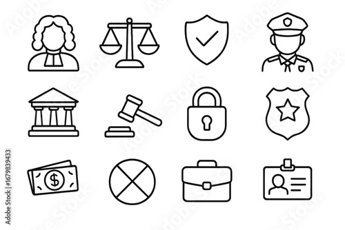 Law and justice icon set. Authority, security, legal, police vector icons. Judge, gavel, scales of justice, courthouse, badge, protection shield, business symbols.