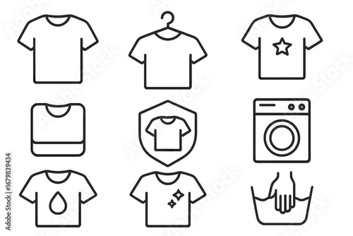 T-shirt laundry care icon set, editable stroke vector symbols for UI, mobile app, website, print, plaque, book design. Cartoon style washing, drying, folding, hand wash, machine, clean, fabric icons.