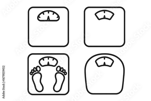 Floor scale and weight measurement line icon set. Concepts for diet, health, fitness, weight loss, body mass, obesity. Outline vector pictograms for graphic and web design, apps.