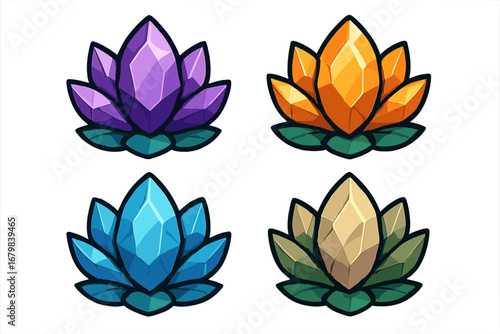 Crystal lotus flower vector icon set. Gemstone floral logos for beauty, spa, or yoga. Natural jewel illustration for spiritual or meditation branding. Luxury cosmetics concept.