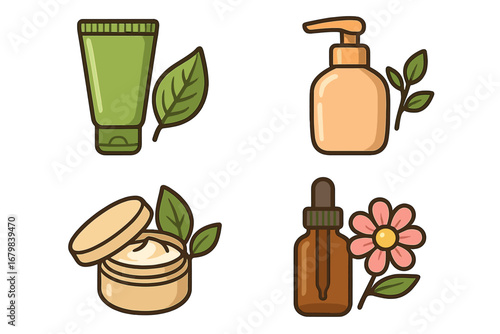 Natural cosmetics vector icon set. Organic skincare illustrations. Herbal beauty collection with cream tube, lotion dispenser, serum bottle, face cream jar. Eco bio cosmetic pack.
