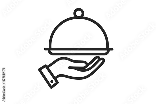 Hospitality service cloche tray on welcoming hand minimal line art. Restaurant food serving icon for business, app UI, banners, social media, web graphic design. Vector illustration, outline concept.