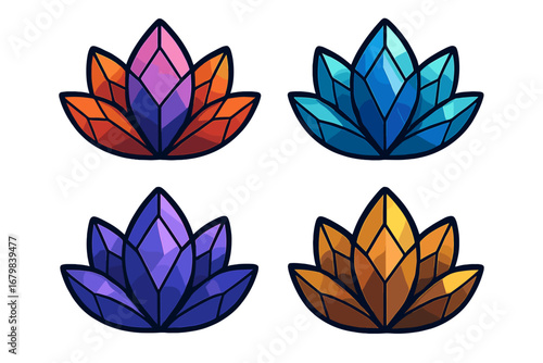 Set of colorful crystal lotus flowers. Geometric gem jewel logo concept for yoga, spa, beauty, and wellness branding. Modern abstract polygon floral vector icon collection.