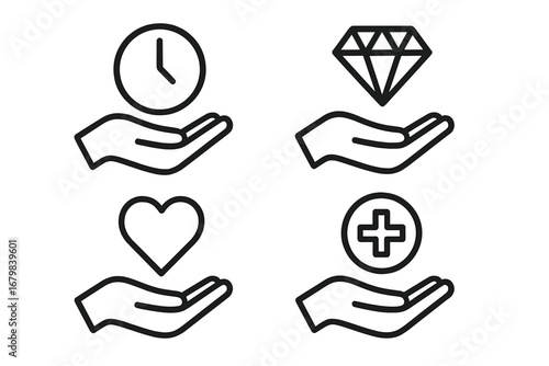 Time management, wealth, health, and love care icons set. Open hand outline symbols for value, benefit, insurance, donation, charity, protection, wellness, investment concepts. Vector illustration