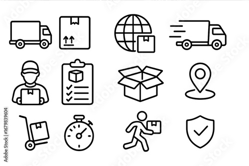 Delivery logistics vector icons set. Shipping, parcel, cargo, courier, truck outline symbols for app, graphic, web design. Fast delivery, transport, packaging, tracking sign collection commercial use.