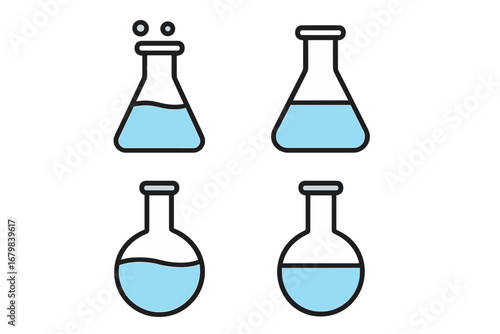 Pack of filled color lab flask icons. Minimalistic science pictograms. Chemistry experiment, research concept. Blue liquid in beaker. Vector for web, app, graphic design.