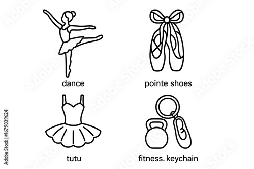 Ballet essentials outline icon set. Ballerina pose, pointe shoes, tutu dress, and fitness keychain. Vector graphic for dance studio, classic performance, and hobby concepts.