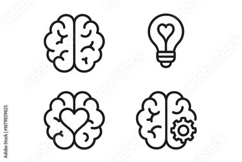 Brain icon set with editable strokes. Concepts of creative idea, psychology, logic process, and emotional intelligence. Mind, thinking, and mental health symbols. Vector line art.