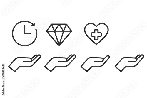 Giving and Receiving Icon Set – Linear Time, Diamond, Health, Open Hand, Donation, Charity, Trust, Support, Value, Wellness, Philanthropy, Helping Concepts for Web, App, Branding, Vector Art