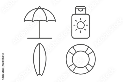 Beach summer vacation icon set. Umbrella, sunscreen, surfboard, lifebuoy symbols. Minimalist thin line art for web, apps, infographics. Vector outline graphic elements.