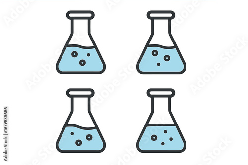 Laboratory Flask Icon Set, Minimalistic Linear Blue Chemistry Beaker Pictograms for Science Web Design, Medical App, Banner, Social Media, Educational Graphic Resource, Vector Illustration