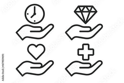 Modern Outline Icons Set with Open Hand Holding Time, Gem, Heart, Health Symbols. Conceptual Vector for Value, Care, Safety, Support, Wealth, Love, Medical, Protection. Transparent Background Design