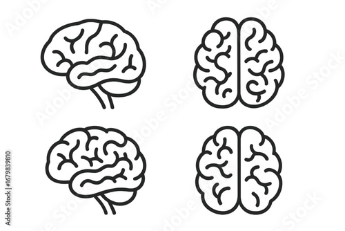 Brain icon set. Human mind, intelligence, and thinking concept. Simple line art logo for psychology, knowledge, or mental health. Vector illustration isolated on white.