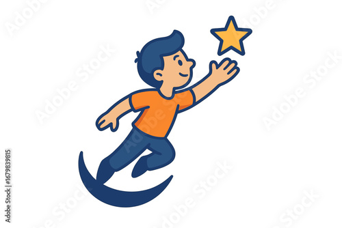 Reach for the stars concept. Boy character flying, jumping to catch a star. Metaphor for achieving dreams, ambition, goals, and success. Aspiration, hope, motivation vector logo.
