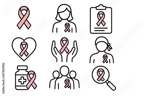 Breast cancer awareness pink ribbon vector icon set. Medical support, hope, and charity symbols. Health care, prevention, diagnosis, and treatment for women's health month.