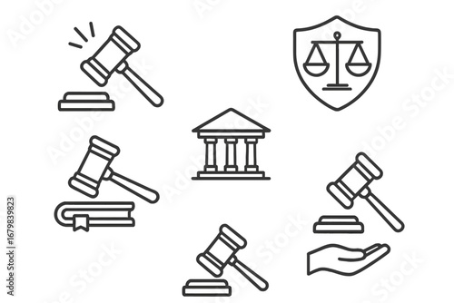 Law and justice line icon set. Judicial gavel, courthouse, scales of justice, law book. Editable stroke vector illustration for legal, auction, and court concepts. Symbol of law.