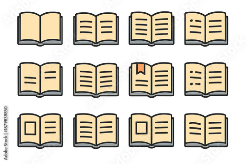Set of Open Book Vector Icons. Minimalist Filled Color Cartoon Style Linear Pictograms for Web, App, Banner, Social Network, Card, Printable Graphic Design Resources, Library and Education Concepts.