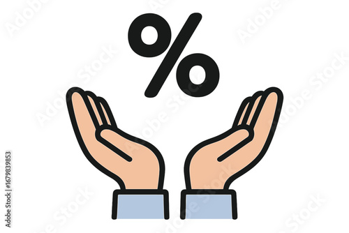 Hands holding percent symbol. Concept of discount, sale, promotion, interest rate. Financial benefit, bonus, commission, cashback. Vector icon for business, loan, credit.