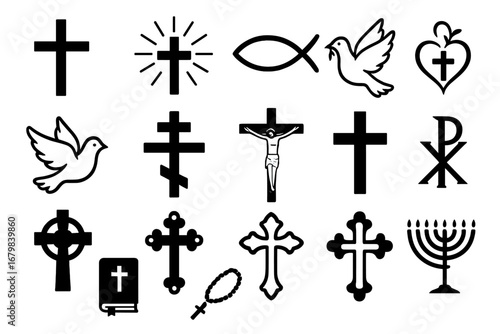 Christian religious symbols set. Cross, crucifix, dove, bible, ichthys, Chi Rho. Catholic and orthodox faith icons. Jesus Christ, holy spirit, god, spirituality vector signs.