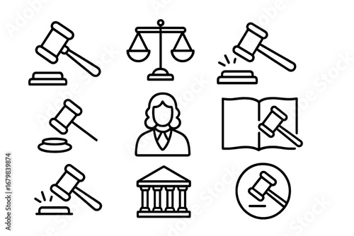 Law justice icon collection. Judge gavel, court house, scales of justice. Legal concept. Verdict, auction, crime, punishment. Lawyer attorney symbols. Editable stroke line icons.