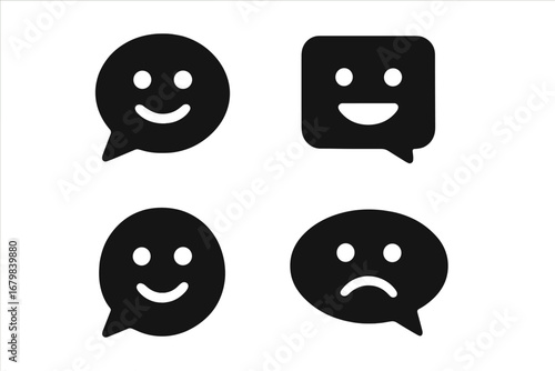 Set of bubble chat, speech bubble icons with emotions. Vector logotype with happy and sad faces for feedback, reviews, and customer satisfaction. Communication symbol.