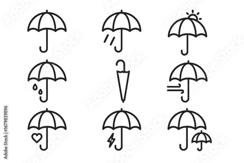 Umbrella thin line icon collection, editable stroke vector set, weather protection symbols, rain, wind, sun, closed and open umbrella, love safety, lightning, layered icons for web, app, print
