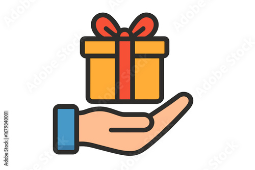 Hand giving a gift box vector icon. Concept of charity, donation, surprise, or receiving a present. Bonus program, loyalty reward, birthday celebration, and holiday promotion.