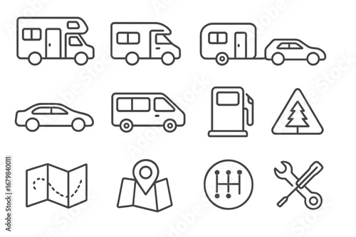 Road trip and travel line icon set. Car, camper, caravan, and van vehicle icons. Gas station, repair tools, map navigation, and manual gearbox outline symbols for web design.