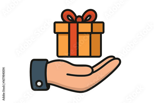 Hand giving gift box icon. Vector concept of charity, donation, surprise, celebration, birthday, Christmas. Present, bonus, prize, or loyalty program reward illustration.
