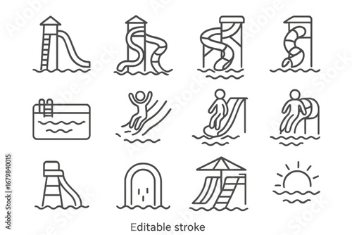 Water park slides thin line icon set. Swimming pool, waterslide tower, spiral tube, kid sliding, summer recreation, aquatic park fun. Editable stroke vector, outline illustration for web, app, print.
