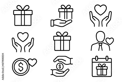 Gift charity business present line icons set. Outline vector signs for graphic web design, app UI elements, advertising banners, holiday cards, office, donation, love, finance, calendar