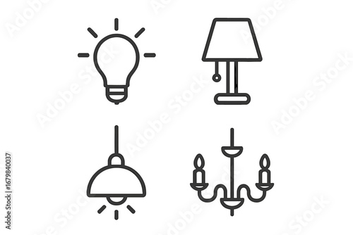 Light bulb, table lamp, pendant light and chandelier line icons set. Modern illumination symbols, lighting fixtures, outline vector illustration for web, app, advertising, interior, home decor
