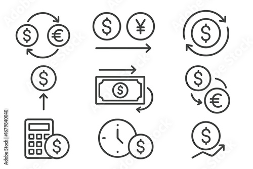 Currency exchange line icon set. Money transfer, finance, and banking symbols. Vector collection of dollar, euro, yen signs for forex market, investment, and economic growth.