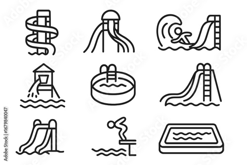 Water park aquapark swimming pool diving icon set. Outline symbols of waterslides splash pools diving boards. Vector cartoon leisure, recreation, vacation, summer activities for kids adults