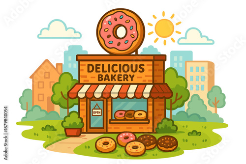 Vector illustration of a bakery shop with a giant donut on the roof. Storefront for a small business. Pastry or sweet shop facade in a city. Cartoon flat design concept.