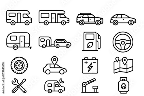 Car travel and camping thin line icon set. Road trip vehicle and auto service outline pictograms. Vector symbols for navigation, gas station, RV, motorhome and repair.
