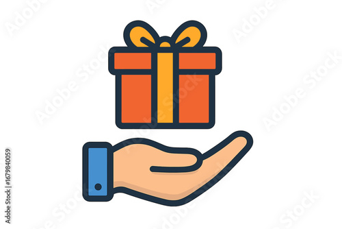 Hand giving a gift box. Charity and donation concept. Bonus, reward, loyalty program icon. Birthday, christmas, or holiday surprise present. Vector flat cartoon illustration.