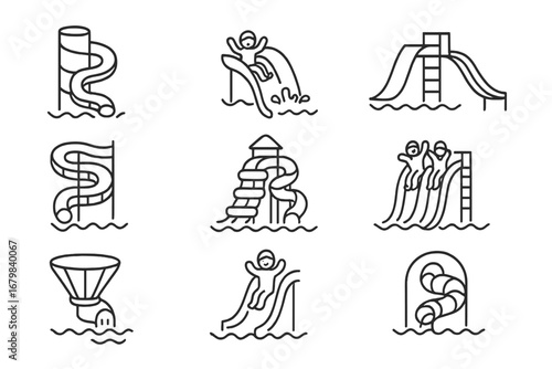 Water park slide icons set. Thin linear vector bundle of spiral, tube, funnel, tandem, and kids slides. Aquatic playground outline symbols for website, mobile app, poster, summer leisure design.