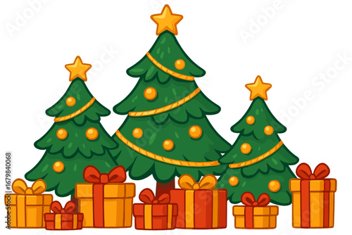 Vector cartoon illustration of decorative Christmas trees with golden accents and stars. Festive holiday display with gift boxes and presents for a cheerful winter celebration.